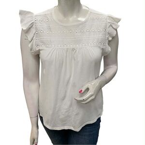 LOFT White Eyelet Ruffle Sleeve Top Size L